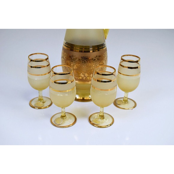 Bohemian Glass Czechoslovakia Gold Boho MCM Decanter/Pitcher + Glasses w/Labels - Picture 3 of 12